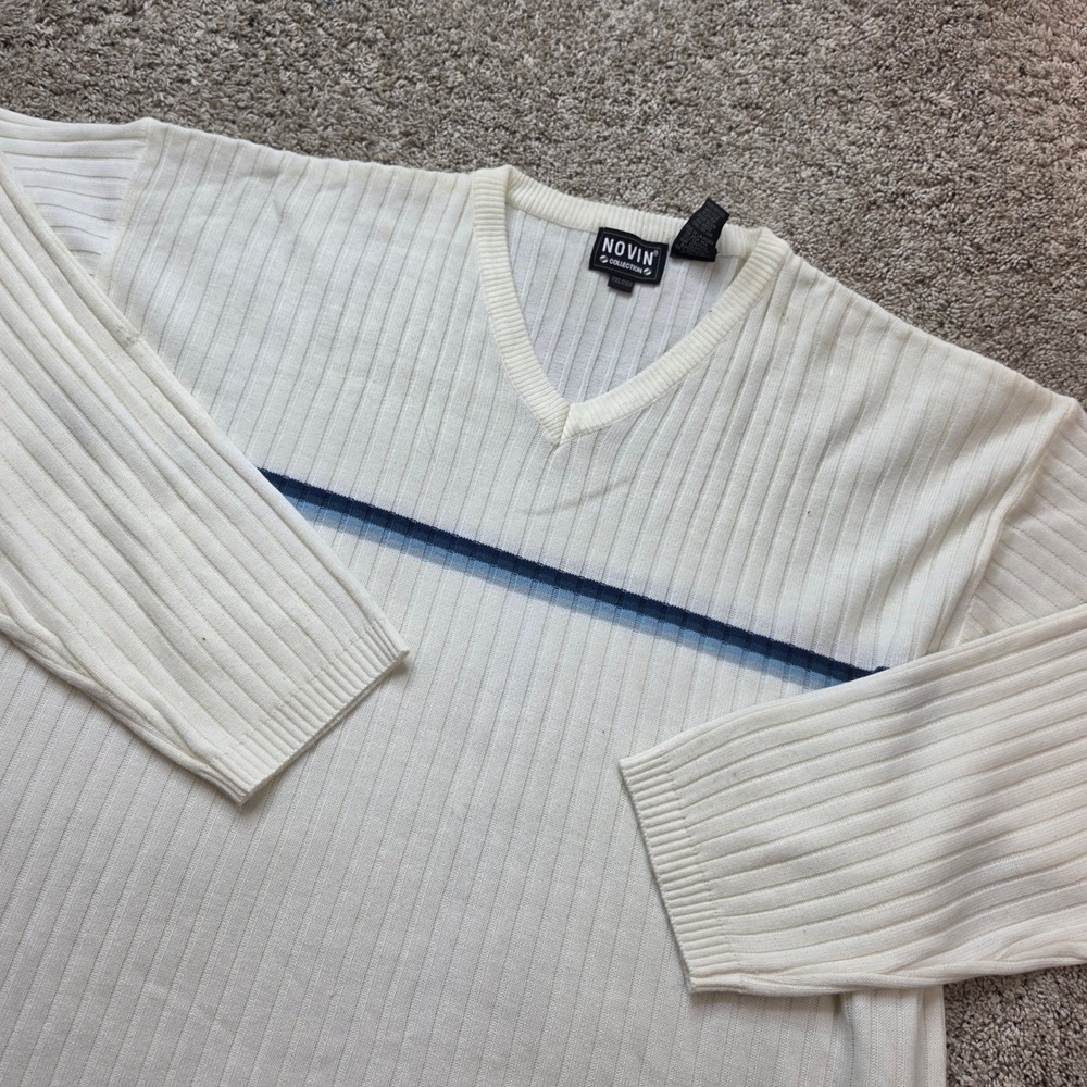 VINTAGE Novin Collection Sweater Mens XXL Cream Ribbed Blue Stripe V-Neck Retro